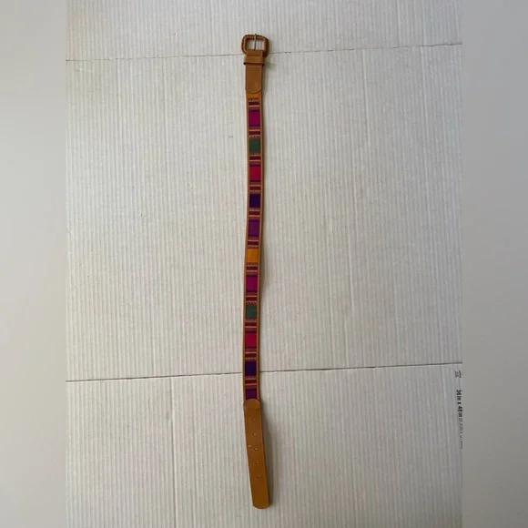 Vintage Omega Guatemalan Mayan Cotton Leather Belt Womens Size M Colorful Tribal - Picture 2 of 10